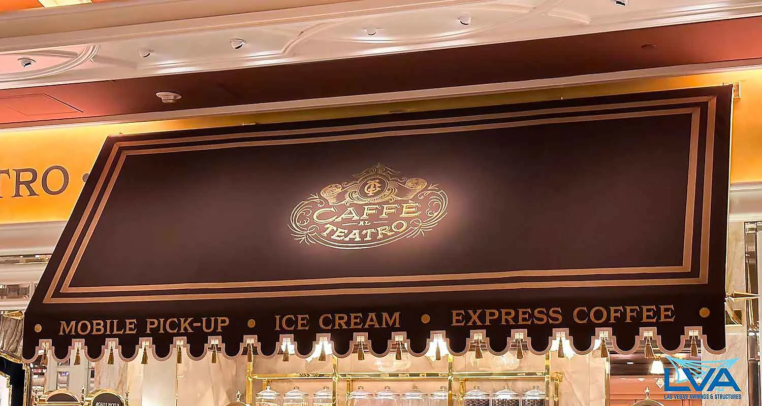 | Las Vegas Awning and StructuresA stylish brown storefront awning with gold lettering advertises mobile pick-up, ice cream, and express coffee, exemplifying Las Vegas awnings and creating a welcoming entrance…